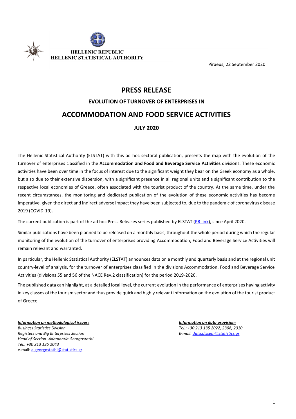 Evolution of Turnover of Enterprises in Accommodation and Food Service Activities