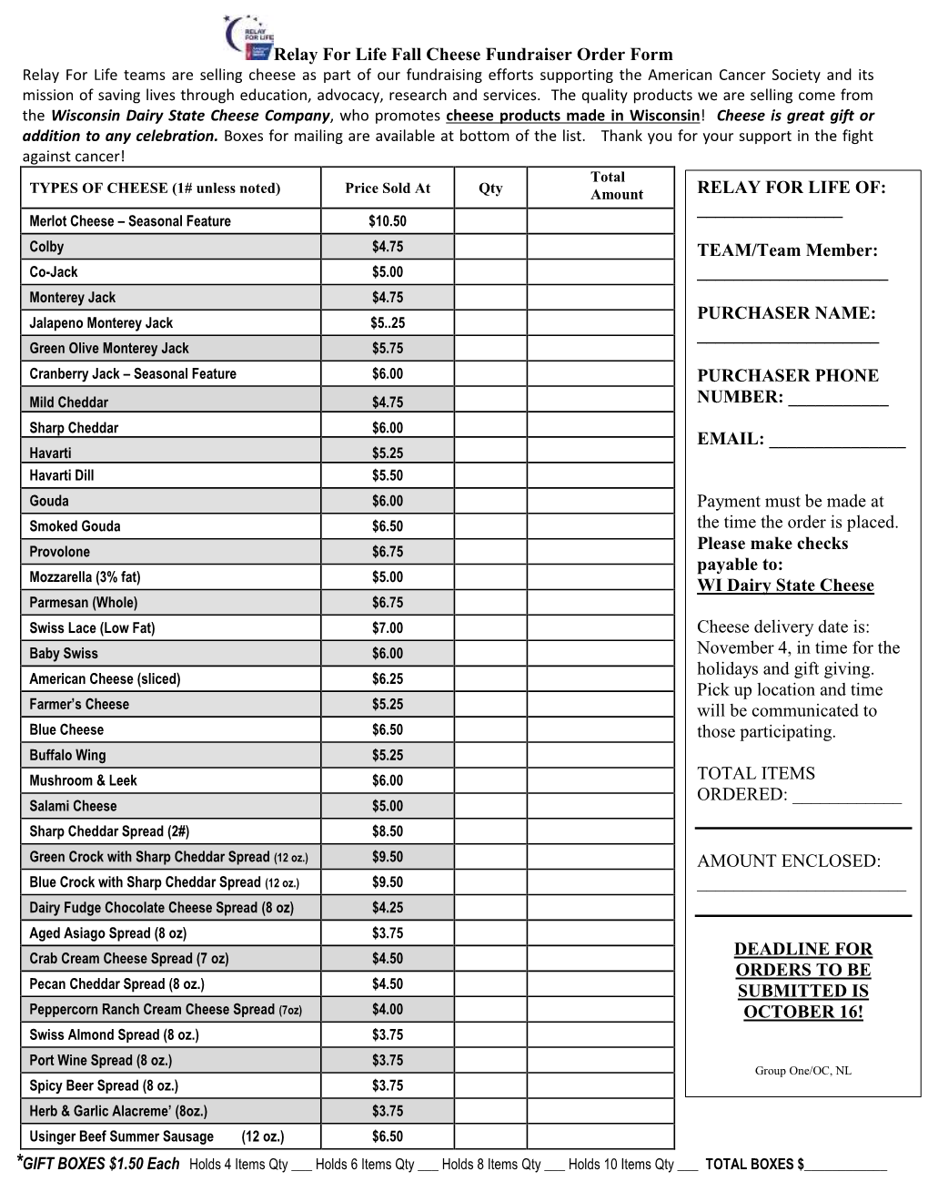 Relay for Life Fall Cheese Fundraiser Order Form RELAY for LIFE OF