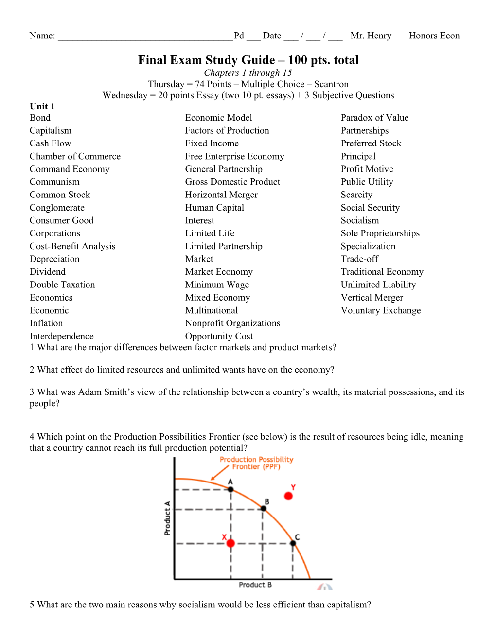 Final Exam Study Guide 100 Pts. Total