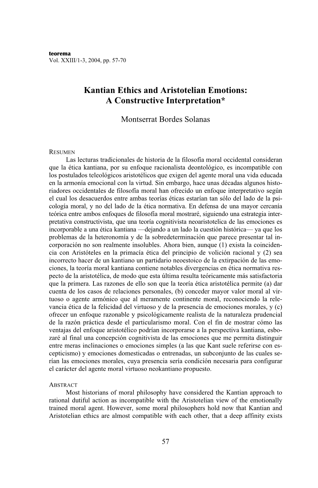 Kantian Ethics and Aristotelian Emotions: a Constructive Interpretation*