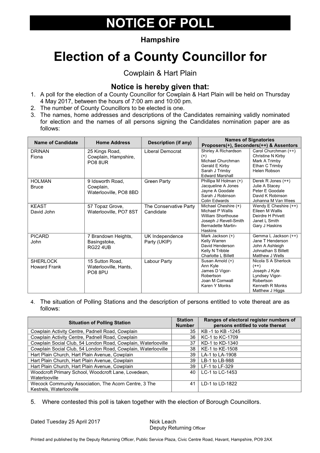 NOTICE of POLL Election of a County Councillor