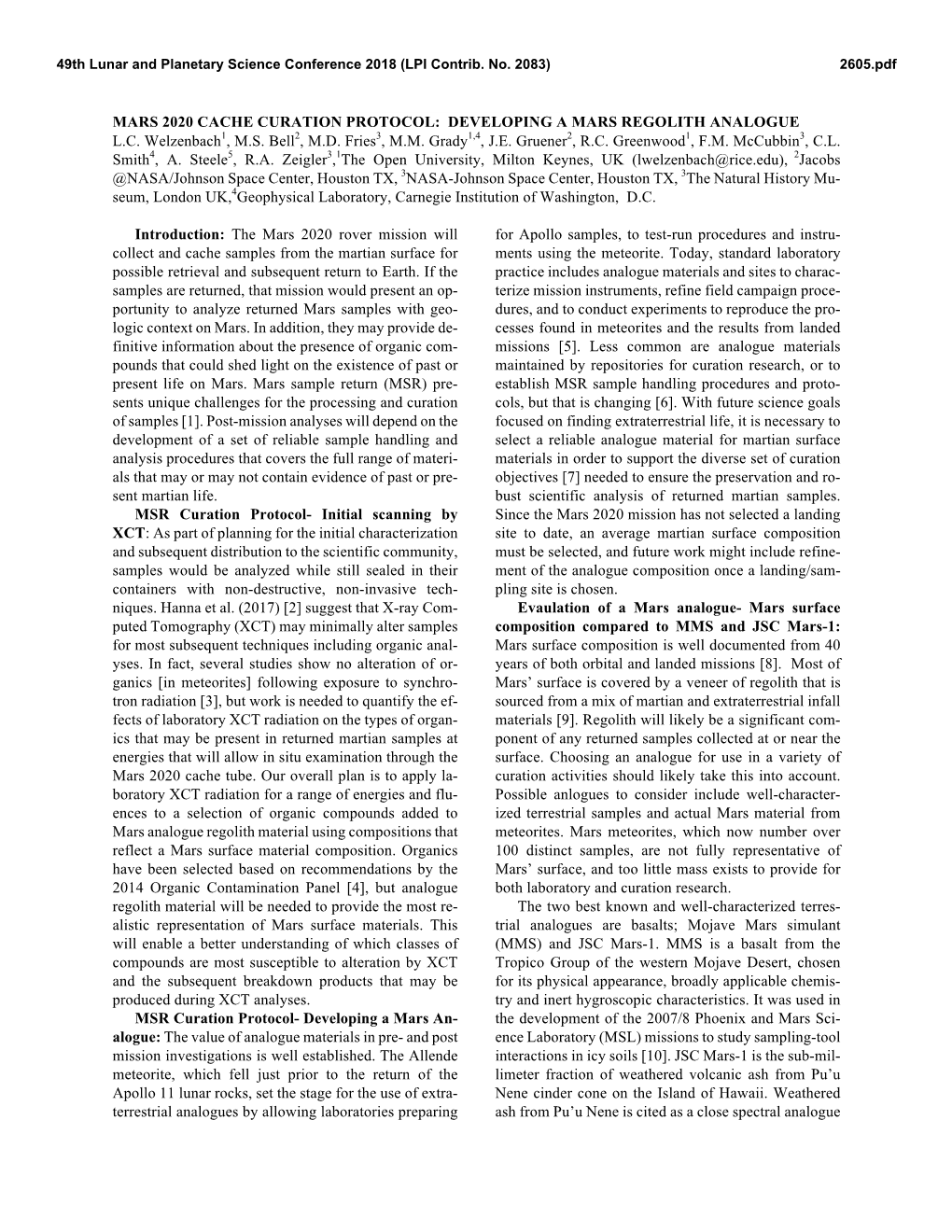 Mars 2020 Cache Curation Protocol: Developing a Mars Regolith Analogue L.C