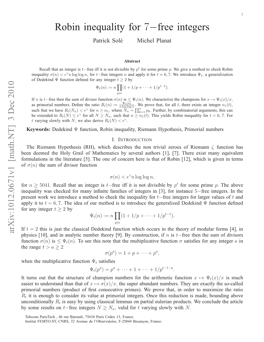 Robin Inequality for 7−Free Integers