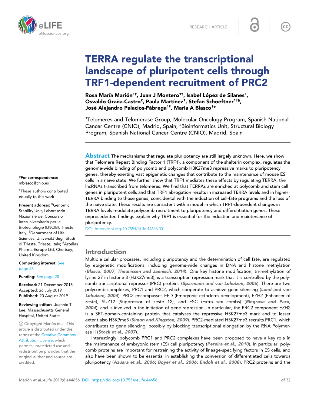 TERRA Regulate the Transcriptional Landscape of Pluripotent Cells