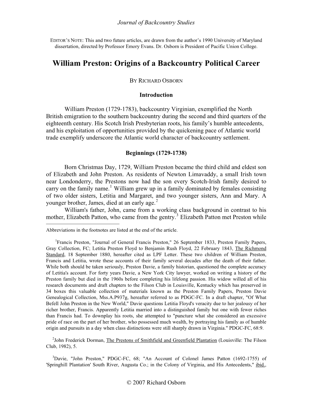 William Preston: Origins of a Backcountry Political Career