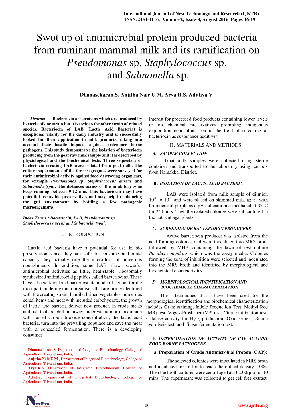 Swot up of Antimicrobial Protein Produced Bacteria from Ruminant Mammal Milk and Its Ramification on Pseudomonas Sp, Staphylococcus Sp