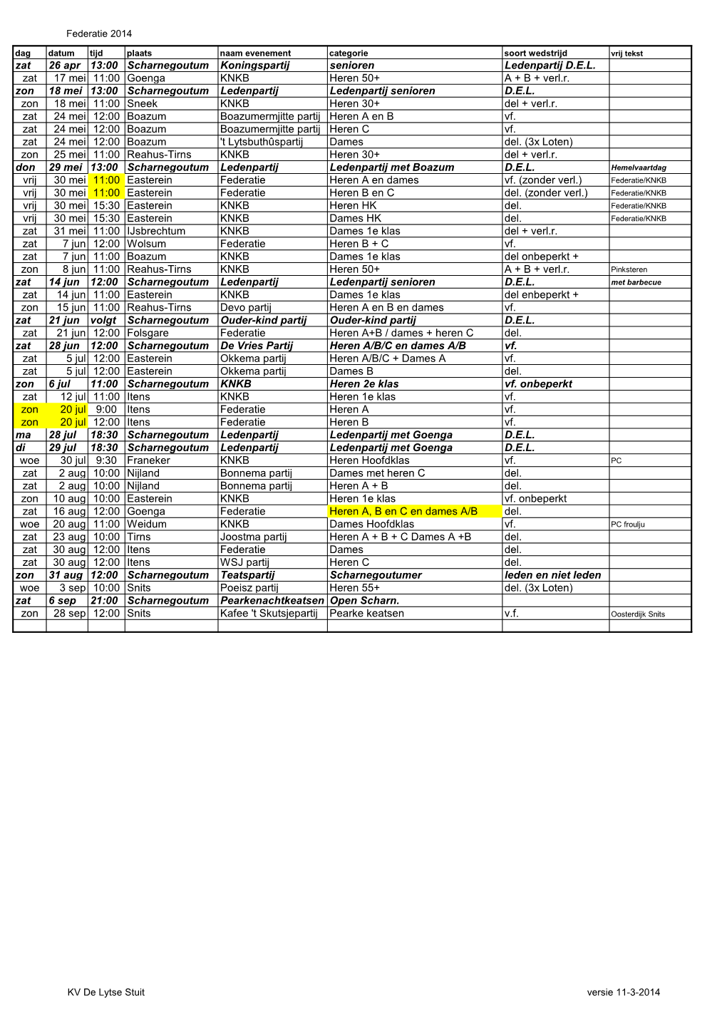 Zat 26 Apr 13:00 Scharnegoutum Koningspartij Senioren Ledenpartij D.E.L. Zat 17 Mei 11:00 Goenga KNKB Heren 50+ a + B + Verl.R