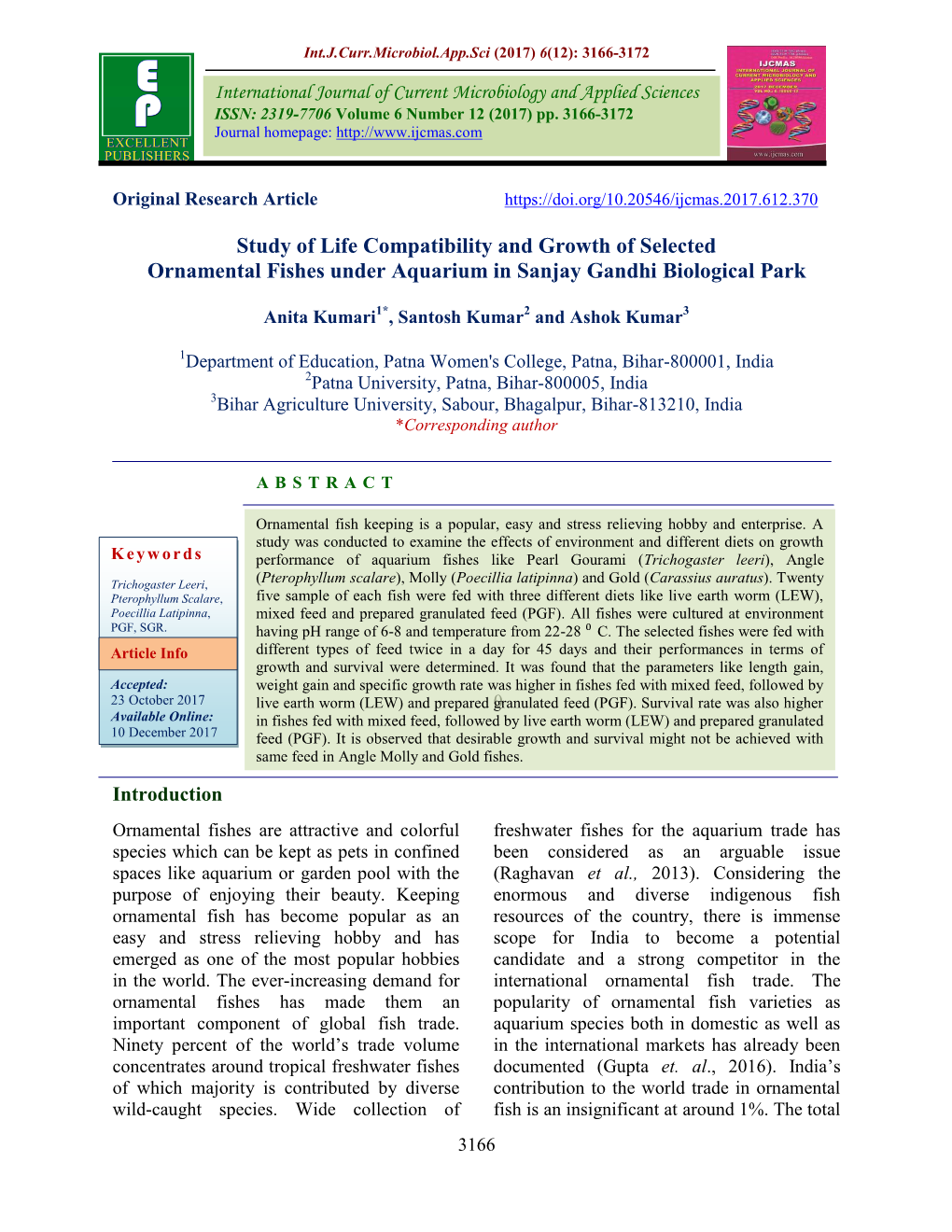 Study of Life Compatibility and Growth of Selected Ornamental Fishes Under Aquarium in Sanjay Gandhi Biological Park