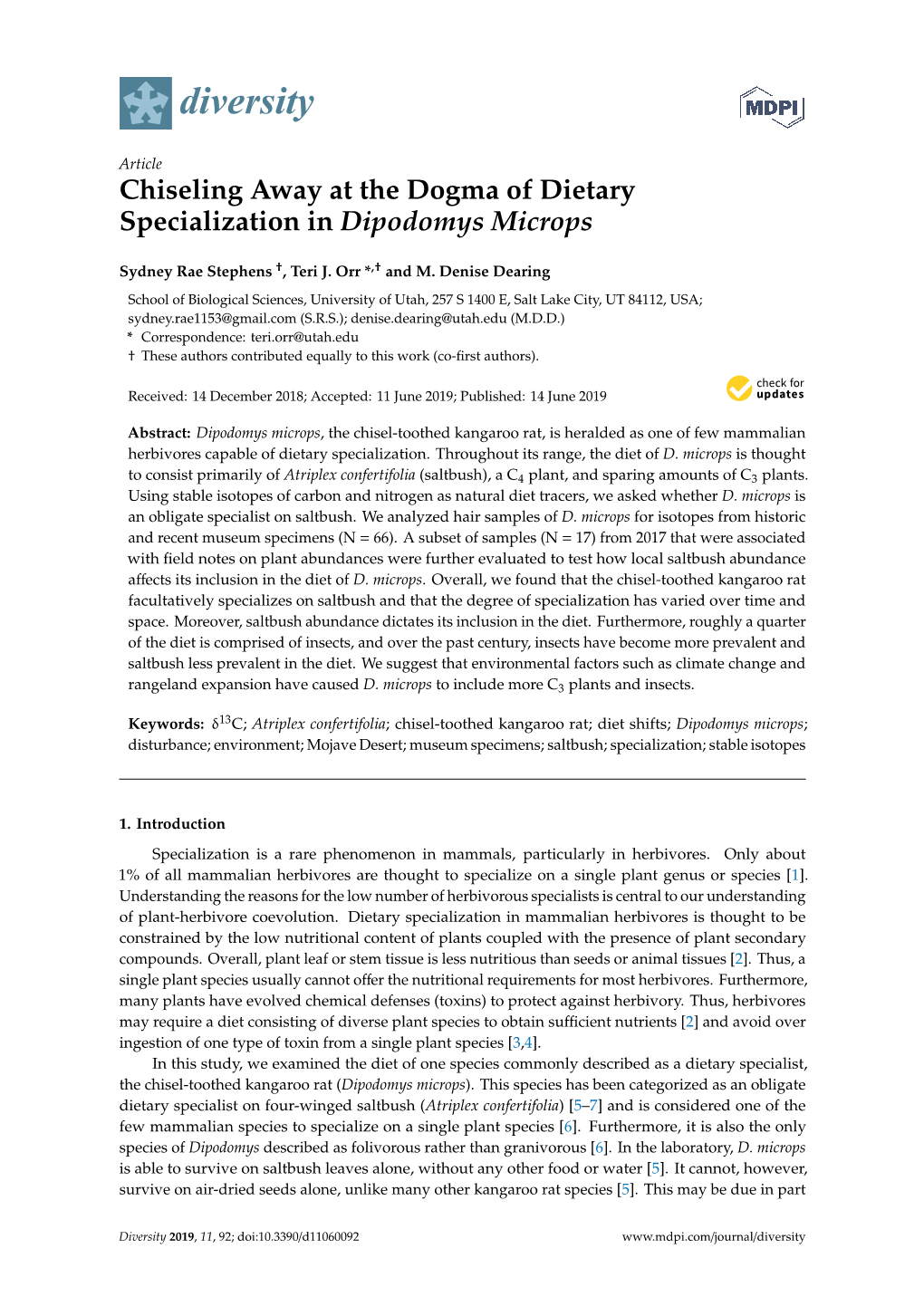 Chiseling Away at the Dogma of Dietary Specialization in Dipodomys Microps