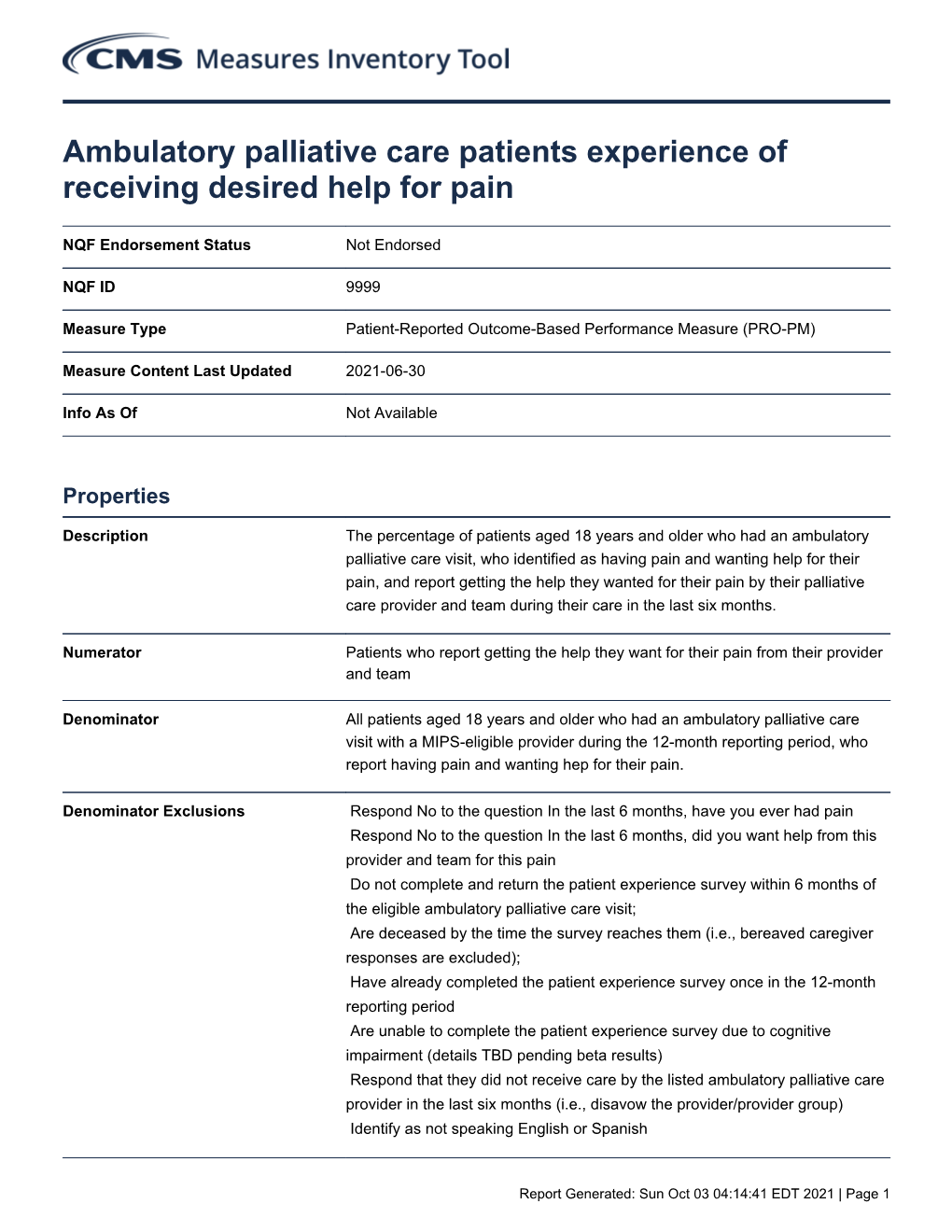 Ambulatory Palliative Care Patients Experience of Receiving Desired Help for Pain