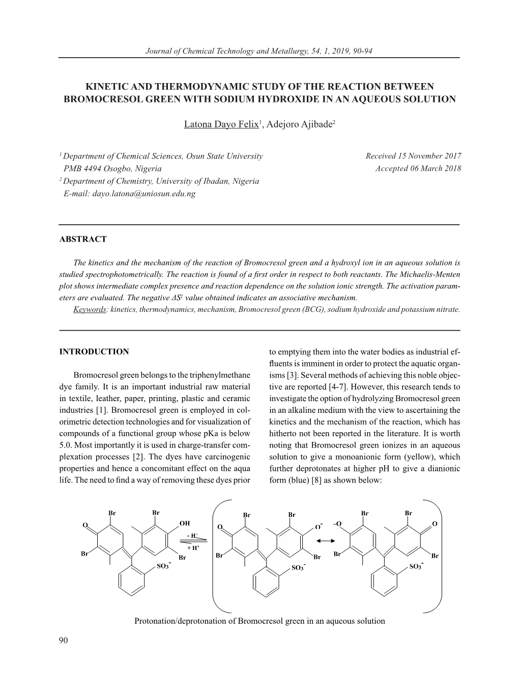 Kinetic and Thermodynamic Study of the Reaction Between Bromocresol Green with Sodium Hydroxide in an Aqueous Solution