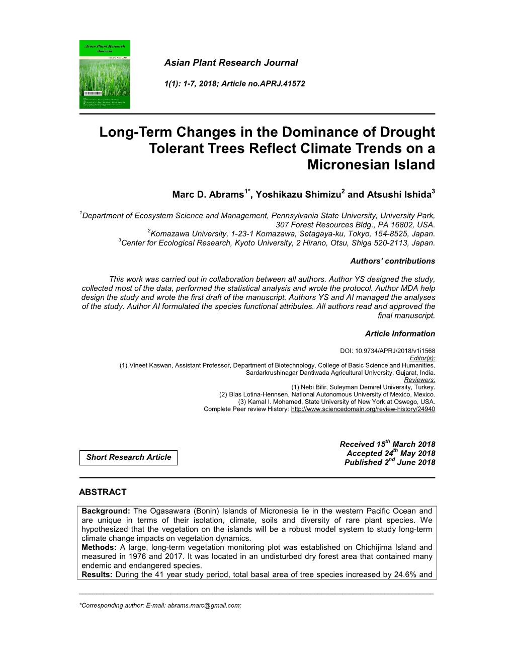 Long-Term Changes in the Dominance of Drought Tolerant Trees Reflect Climate Trends on a Micronesian Island