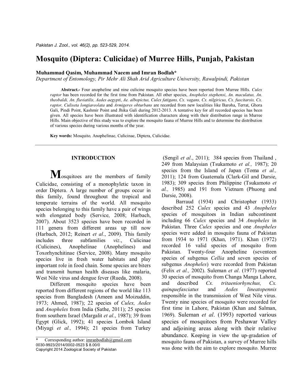 Mosquito (Diptera: Culicidae) of Murree Hills, Punjab, Pakistan