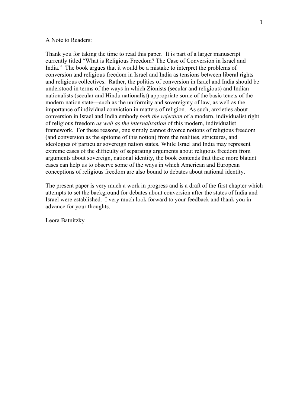 1 a Note to Readers: Thank You for Taking the Time to Read This Paper. It Is Part of a Larger Manuscript Currently Titled