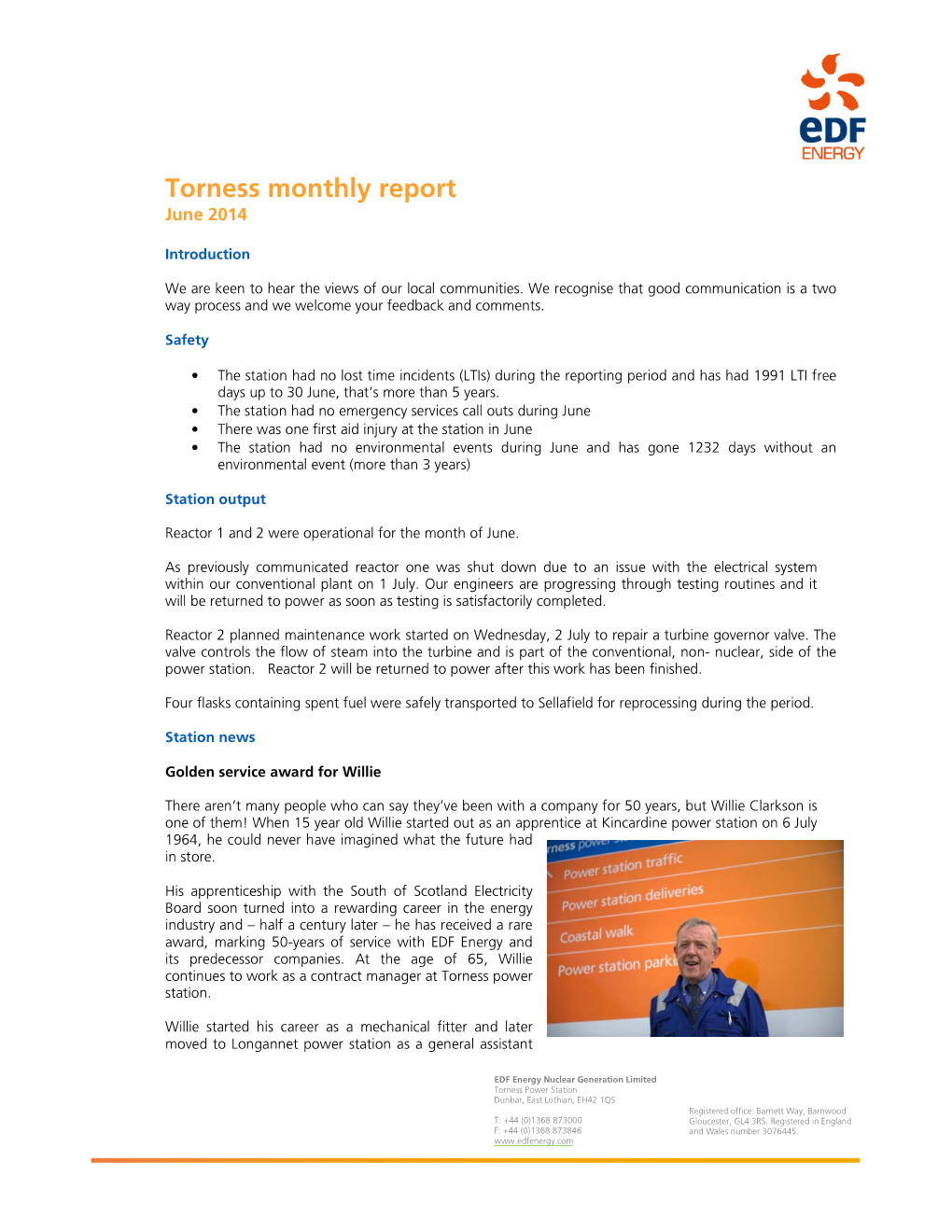 Torness Monthly Report June 2014