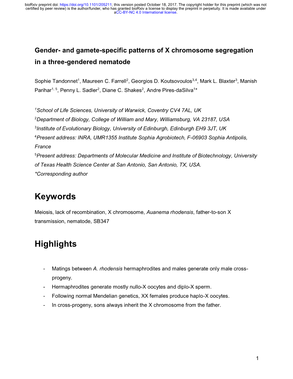 And Gamete-Specific Patterns of X Chromosome Segregation in a Three-Gendered Nematode