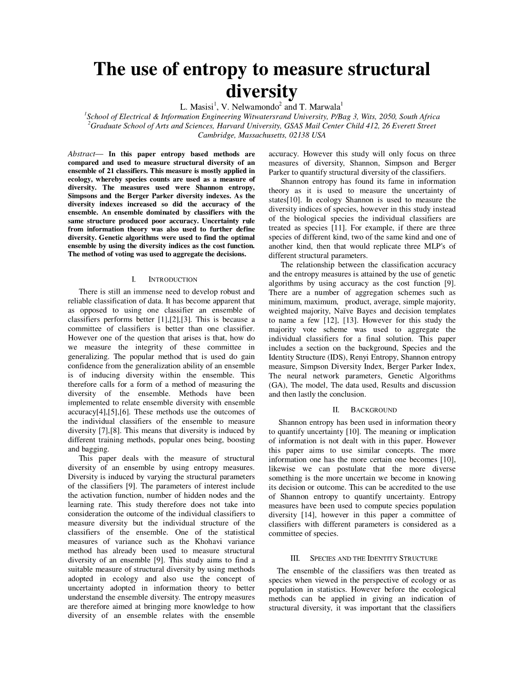 The Use of Entropy to Measure Structural Diversity