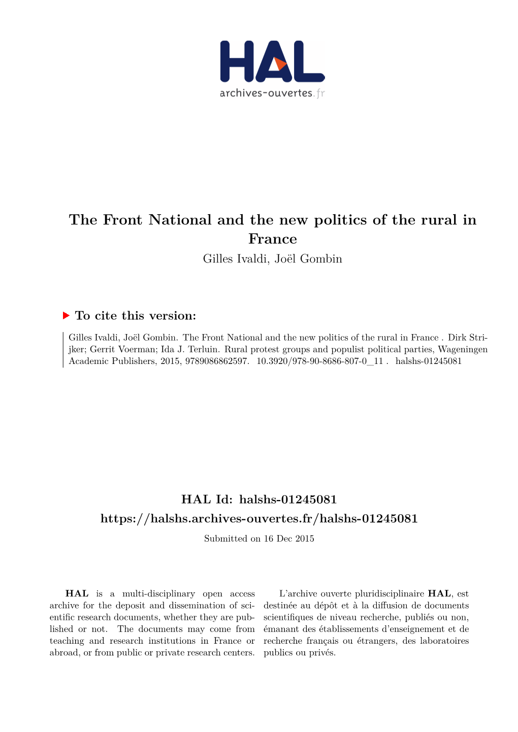 The Front National and the New Politics of the Rural in France Gilles Ivaldi, Joël Gombin