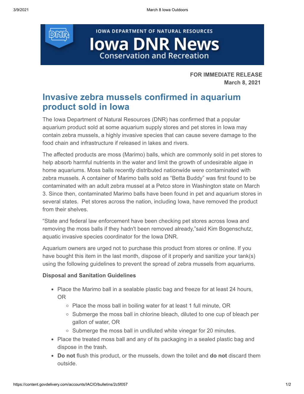 Invasive Zebra Mussels Confirmed in Aquarium Product Sold in Iowa