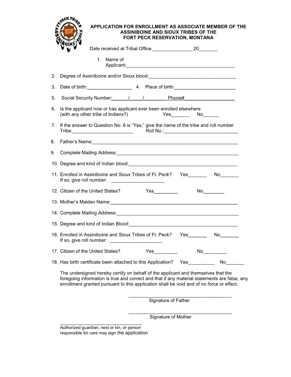 Fort Peck Tribes Associate Enrollment Form