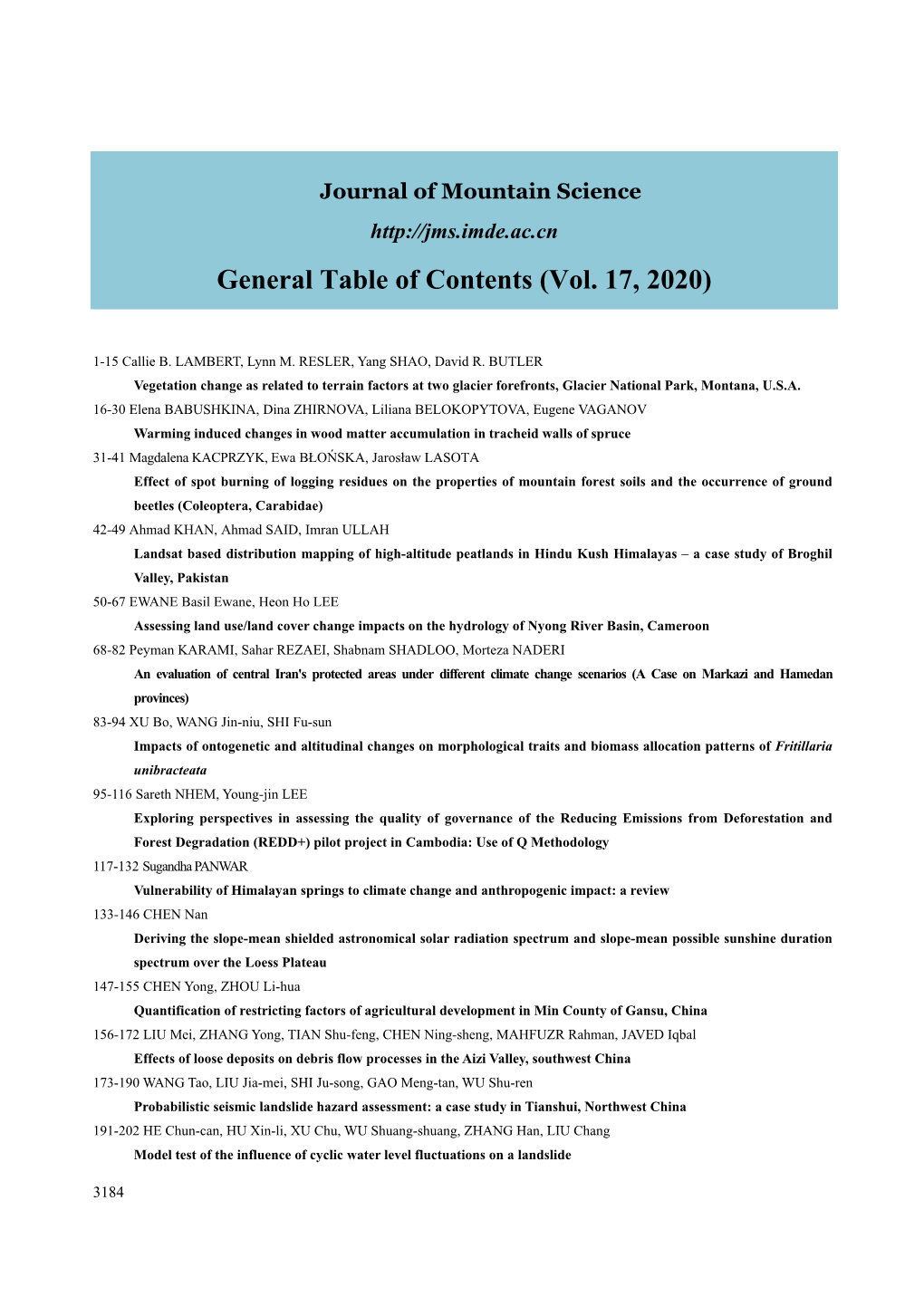 General Table of Contents (Vol. 17, 2020)