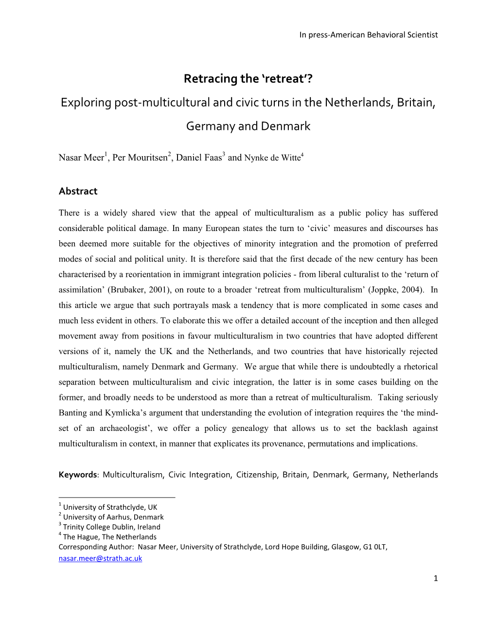 Exploring Post-Multicultural and Civic Turns in the Netherlands, Britain, Germany and Denmark