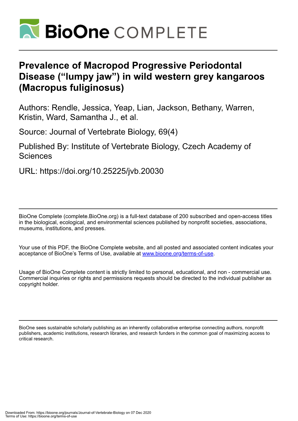 Prevalence of Macropod Progressive Periodontal Disease (“Lumpy Jaw”) in Wild Western Grey Kangaroos (Macropus Fuliginosus)