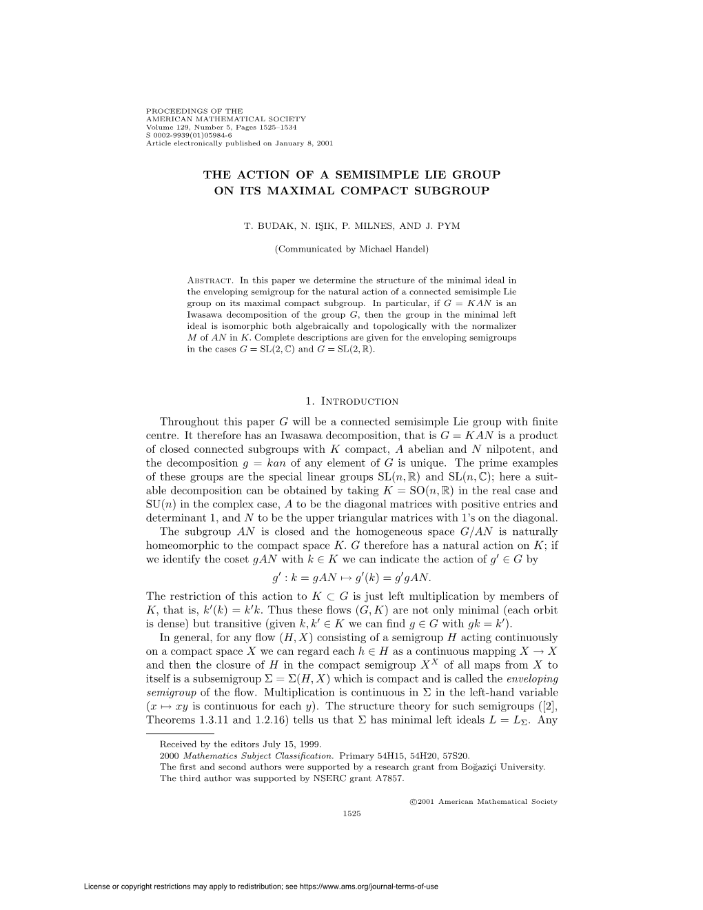 The Action of a Semisimple Lie Group on Its Maximal Compact Subgroup