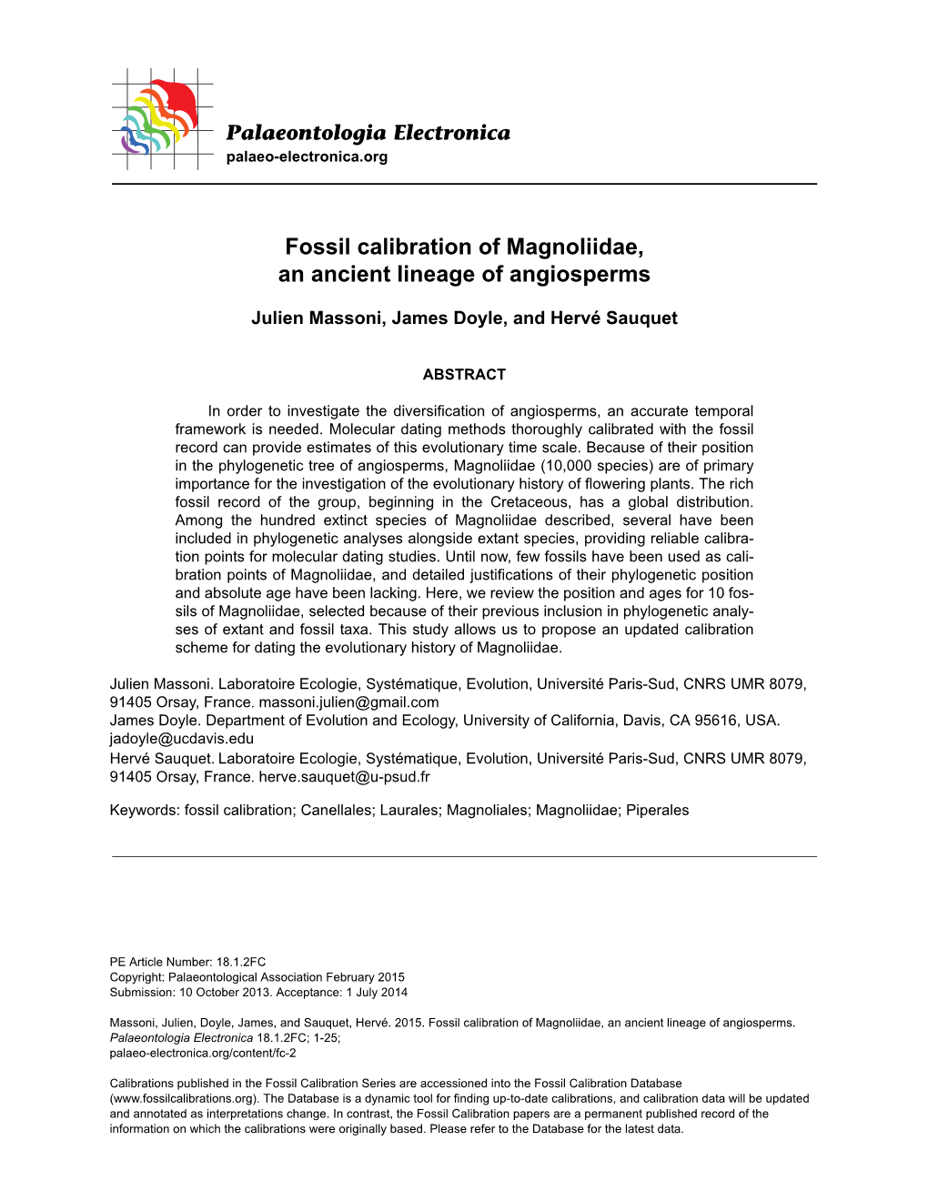 Fossil Calibration of Magnoliidae, an Ancient Lineage of Angiosperms