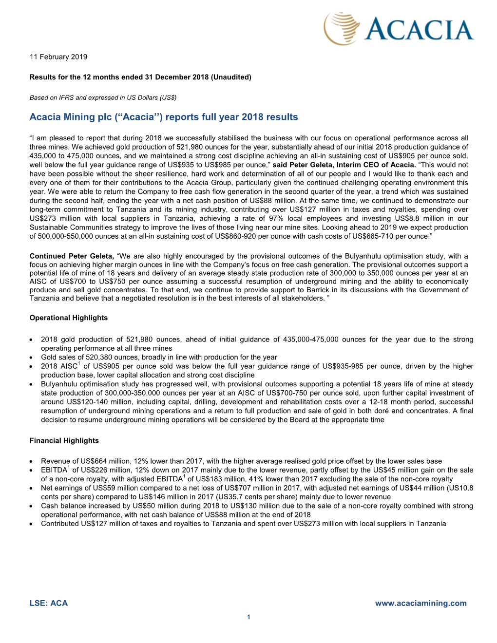 Acacia Mining Plc (“Acacia’’) Reports Full Year 2018 Results