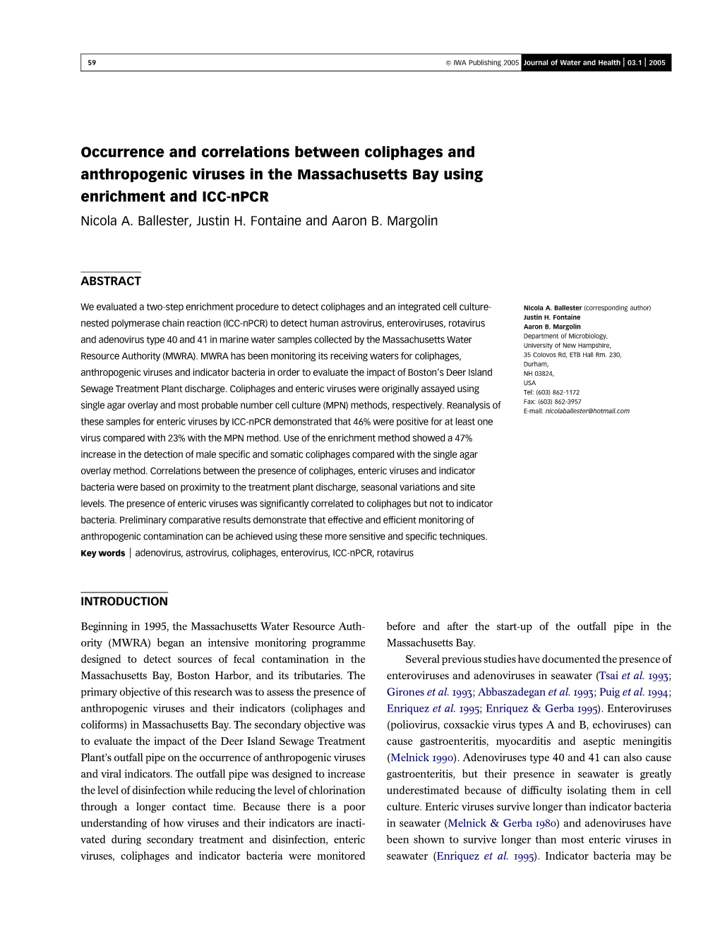 Occurrence and Correlations Between Coliphages and Anthropogenic Viruses in the Massachusetts Bay Using Enrichment and ICC-Npcr Nicola A