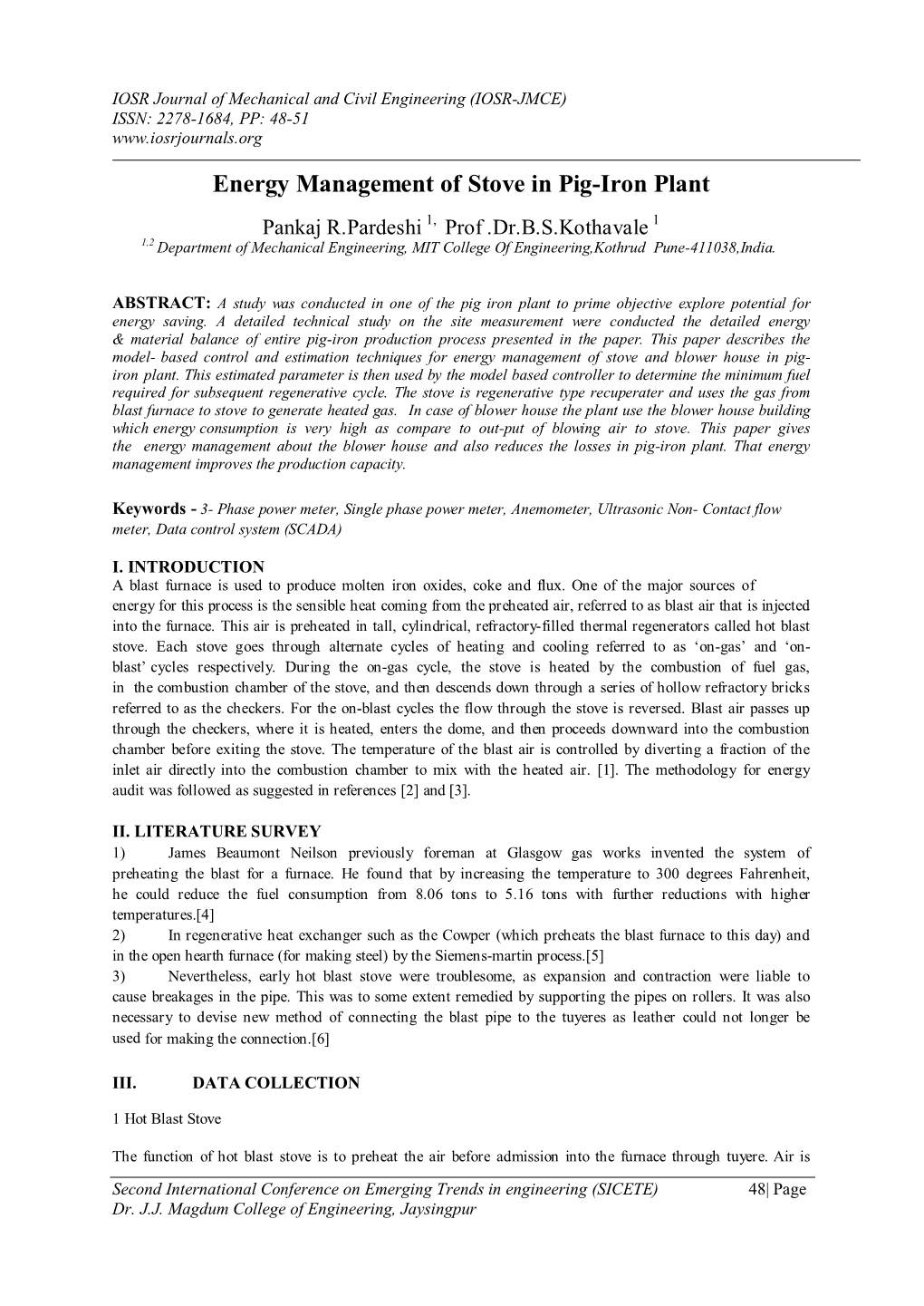 Energy Management of Stove in Pig-Iron Plant