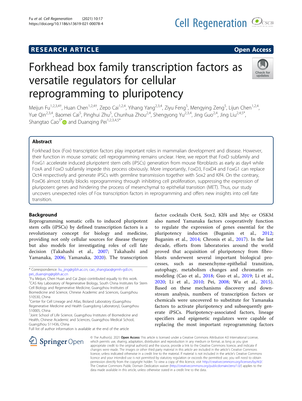 Forkhead Box Family Transcription Factors As Versatile Regulators for Cellular Reprogramming to Pluripotency