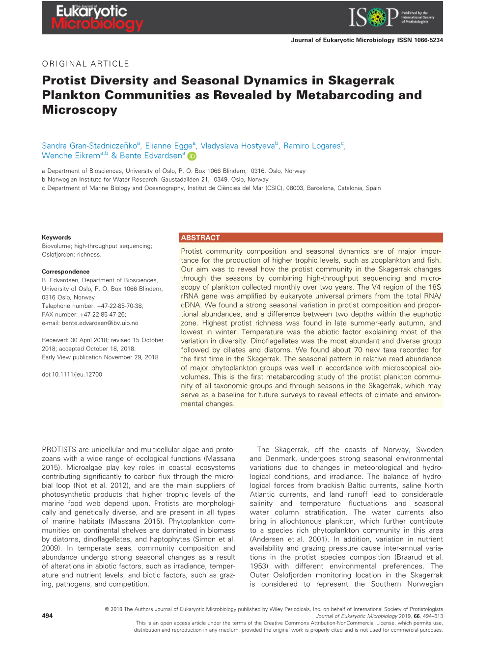 Protist Diversity and Seasonal Dynamics in Skagerrak Plankton Communities As Revealed by Metabarcoding and Microscopy