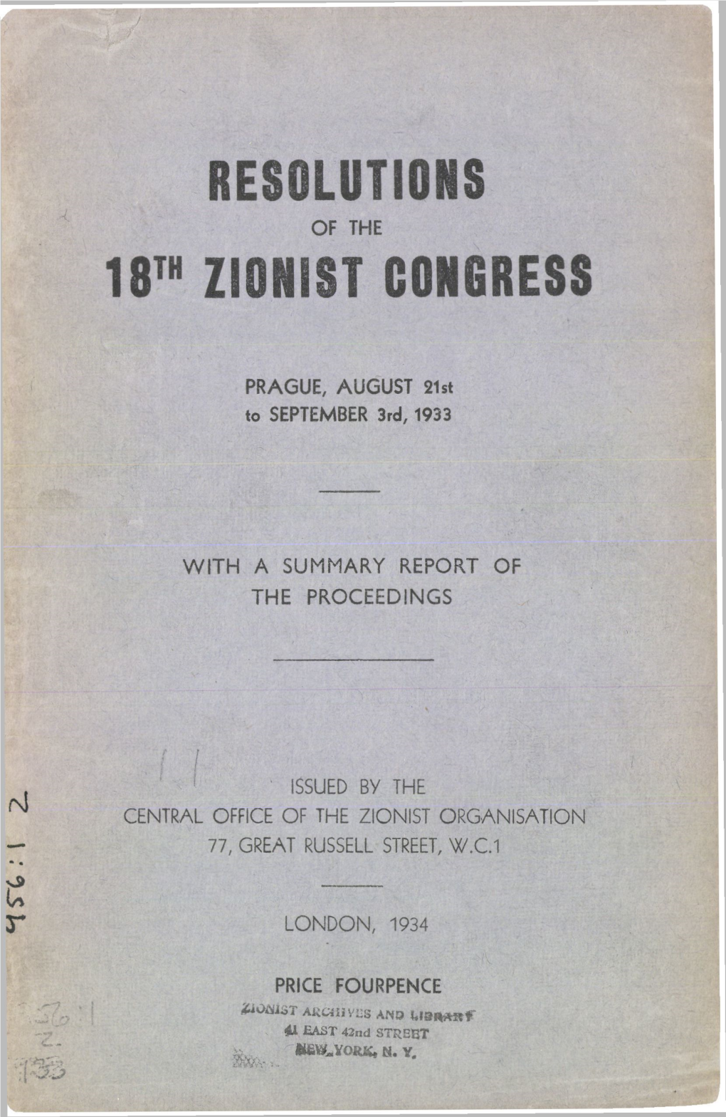 RESOLUTIONS 18Th ZIONIST CONGRESS