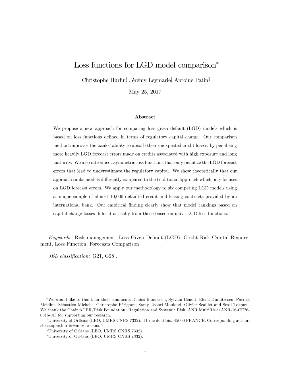 Loss Functions for LGD Presented by Leymarie