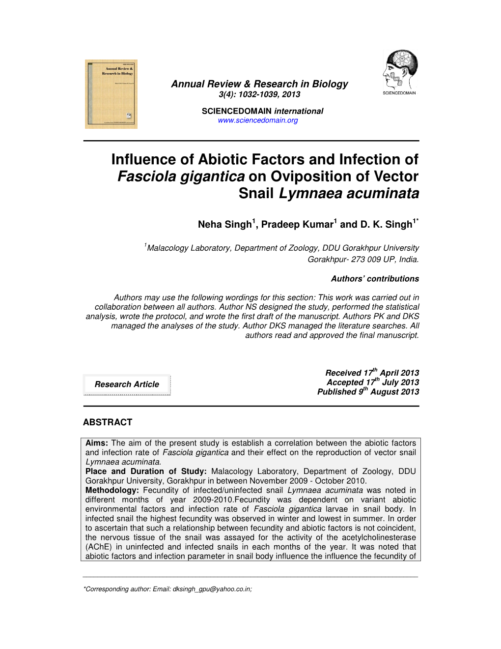 Influence of Abiotic Factors and Infection of Fasciola Gigantica on Oviposition of Vector Snail Lymnaea Acuminata