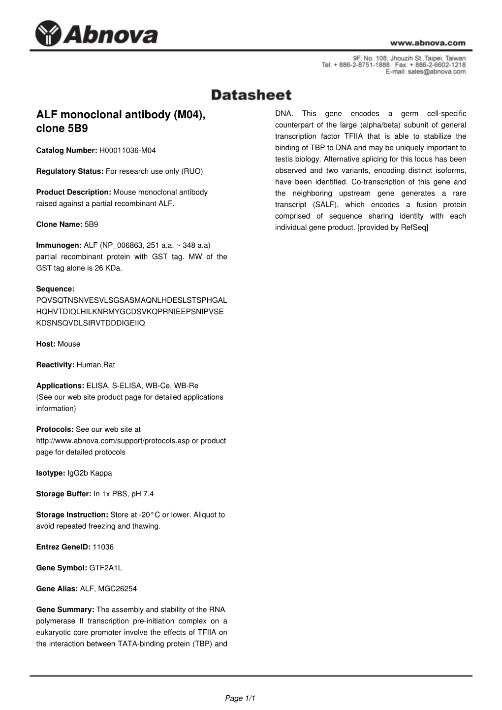 ALF Monoclonal Antibody (M04), DNA