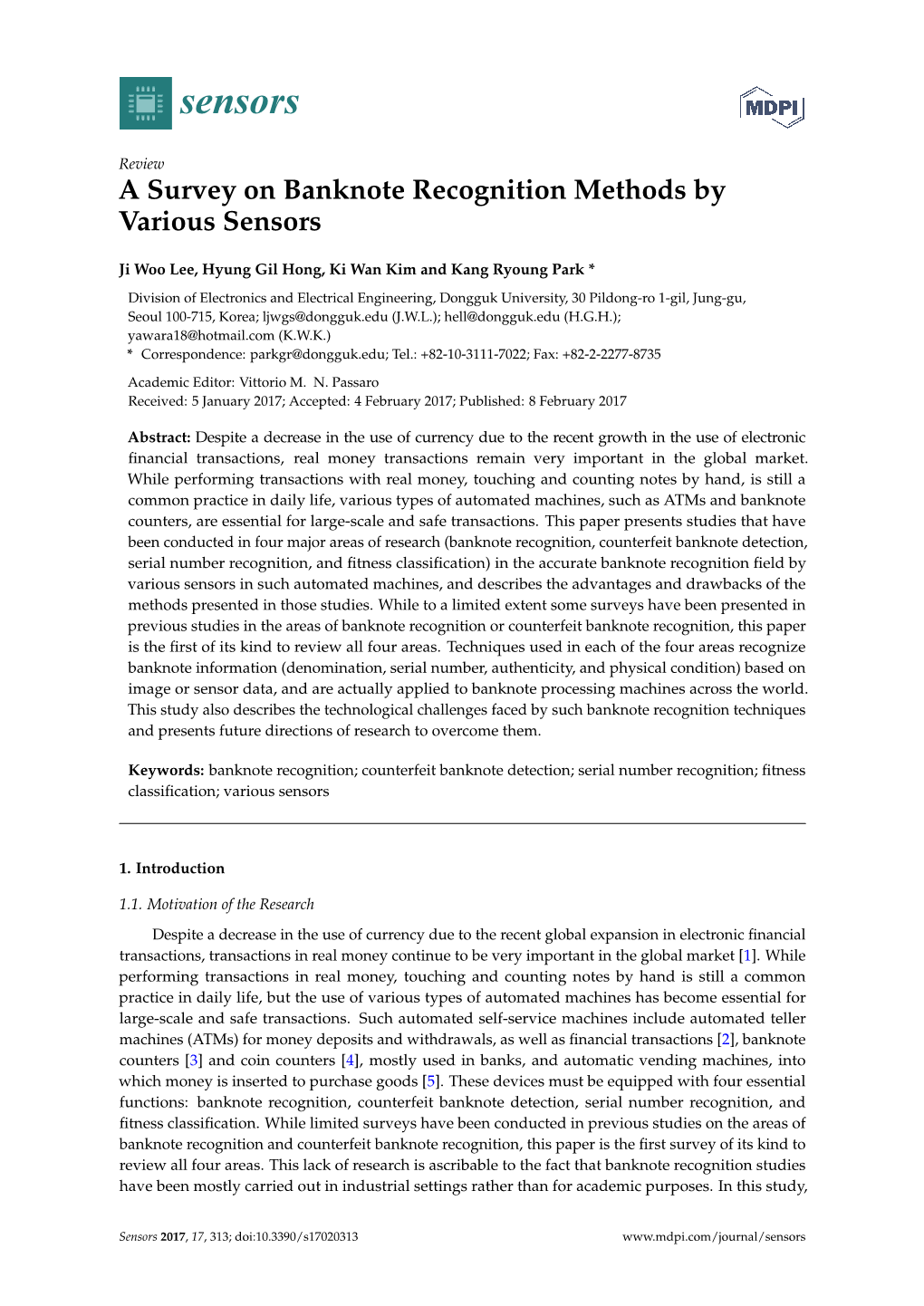 A Survey on Banknote Recognition Methods by Various Sensors