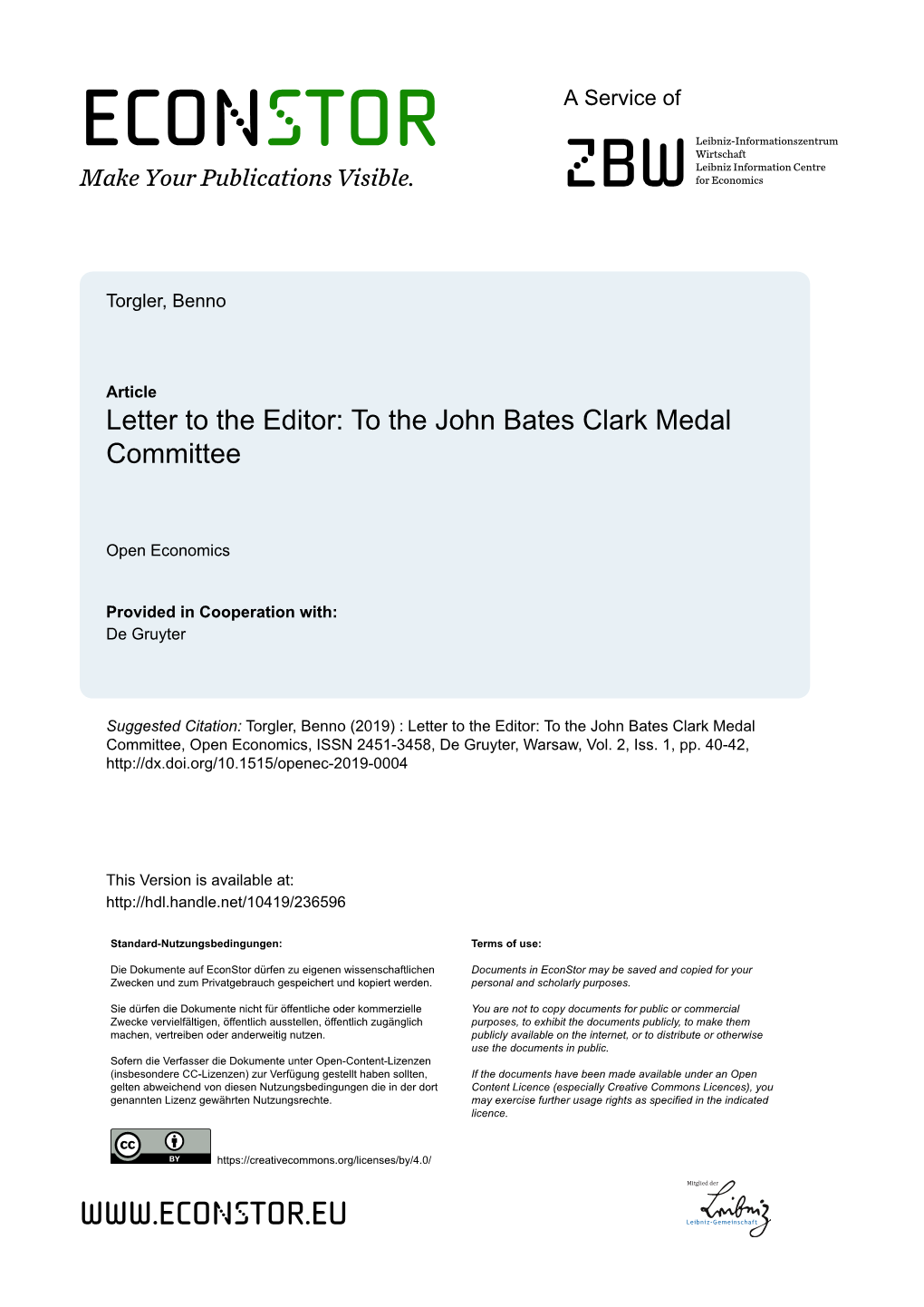 To the John Bates Clark Medal Committee