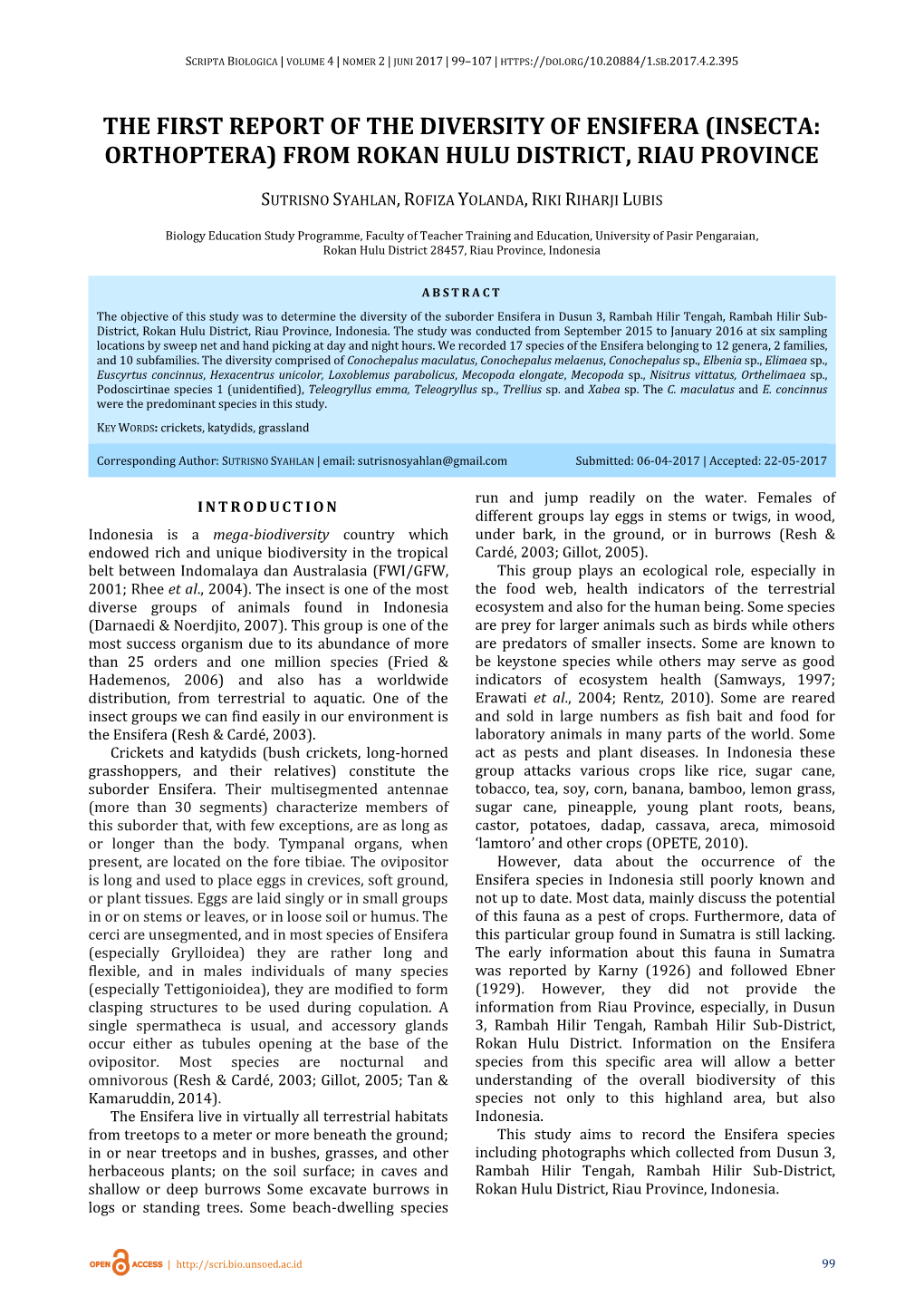 The First Report of the Diversity of Ensifera (Insecta: Orthoptera) from Rokan Hulu District, Riau Province