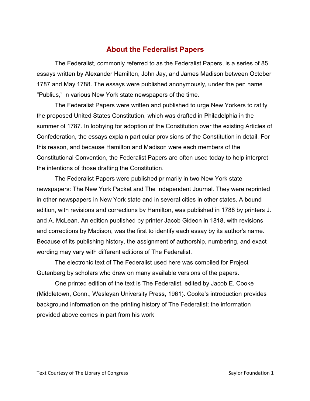 About the Federalist Papers