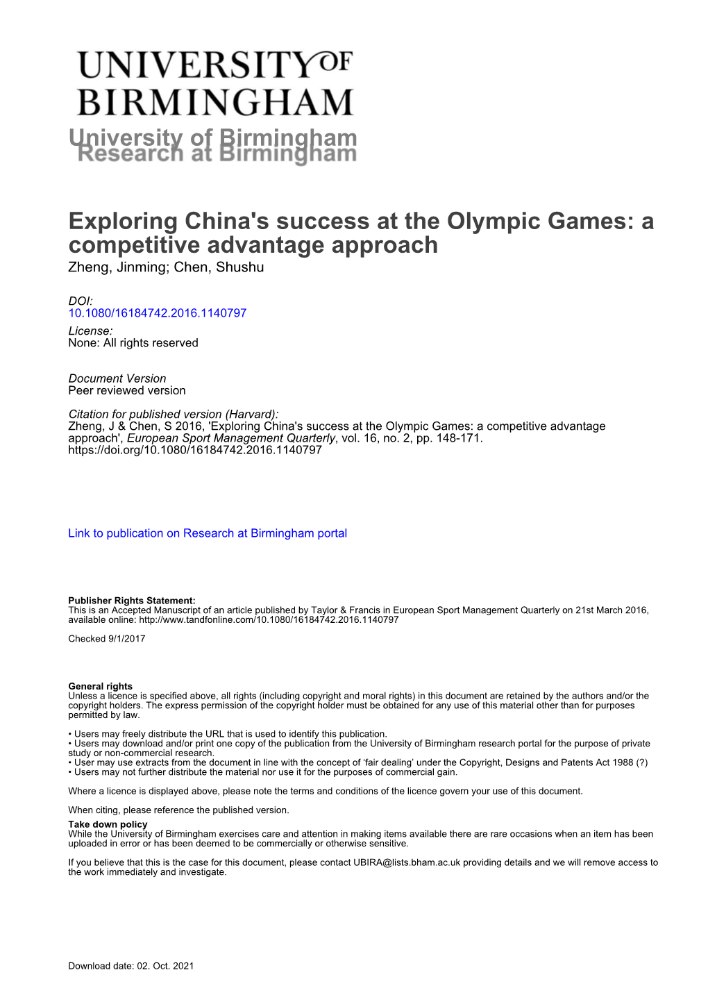 University of Birmingham Exploring China's Success at the Olympic
