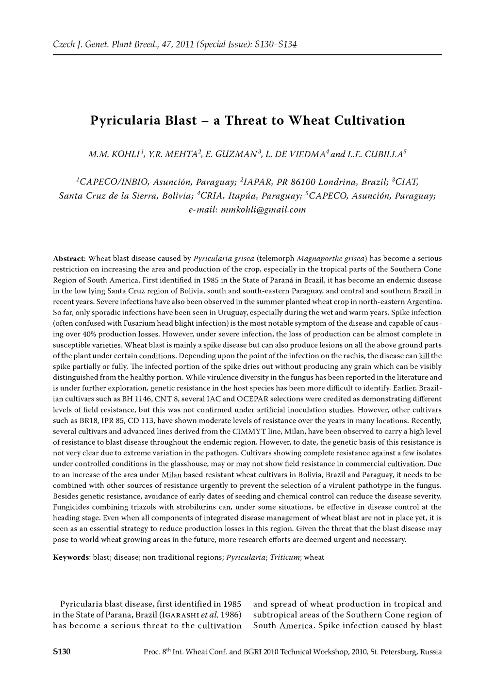 Pyricularia Blast -A Threat to Wheat Cultivation