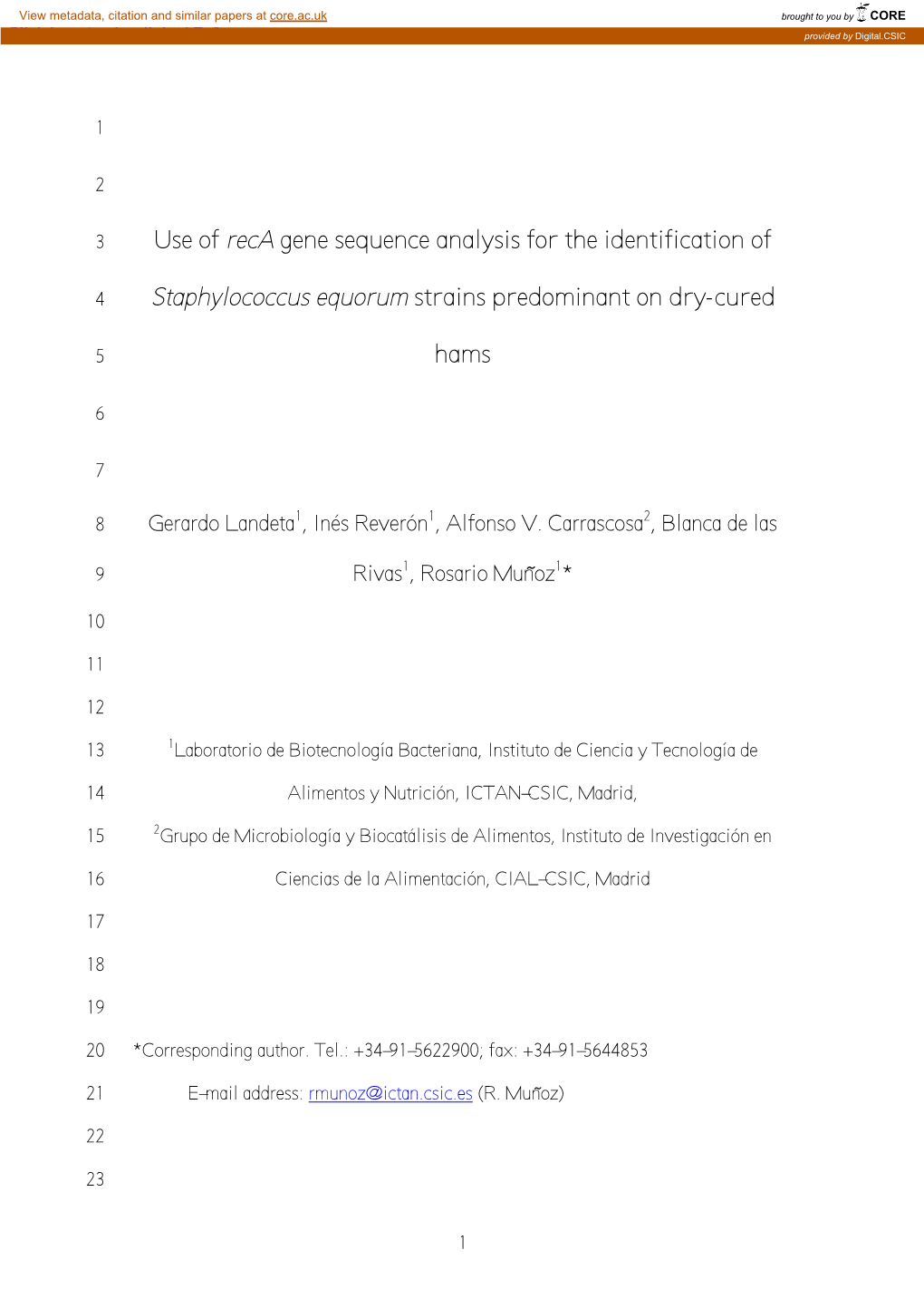 Use of Reca Gene Sequence Analysis for the Identification Of