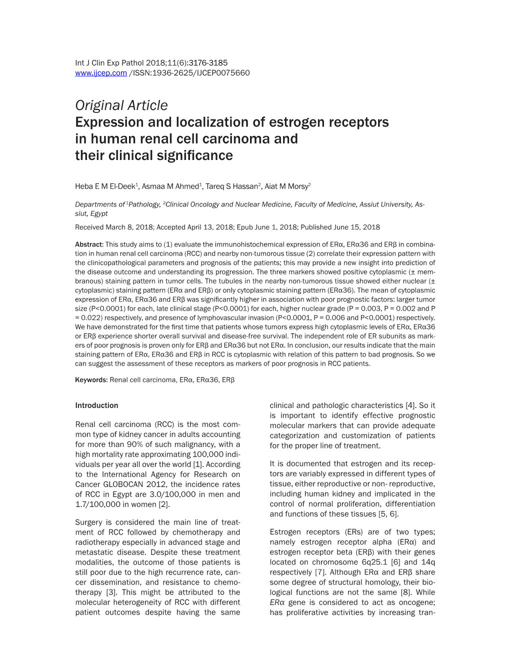 Original Article Expression and Localization of Estrogen Receptors in Human Renal Cell Carcinoma and Their Clinical Significance