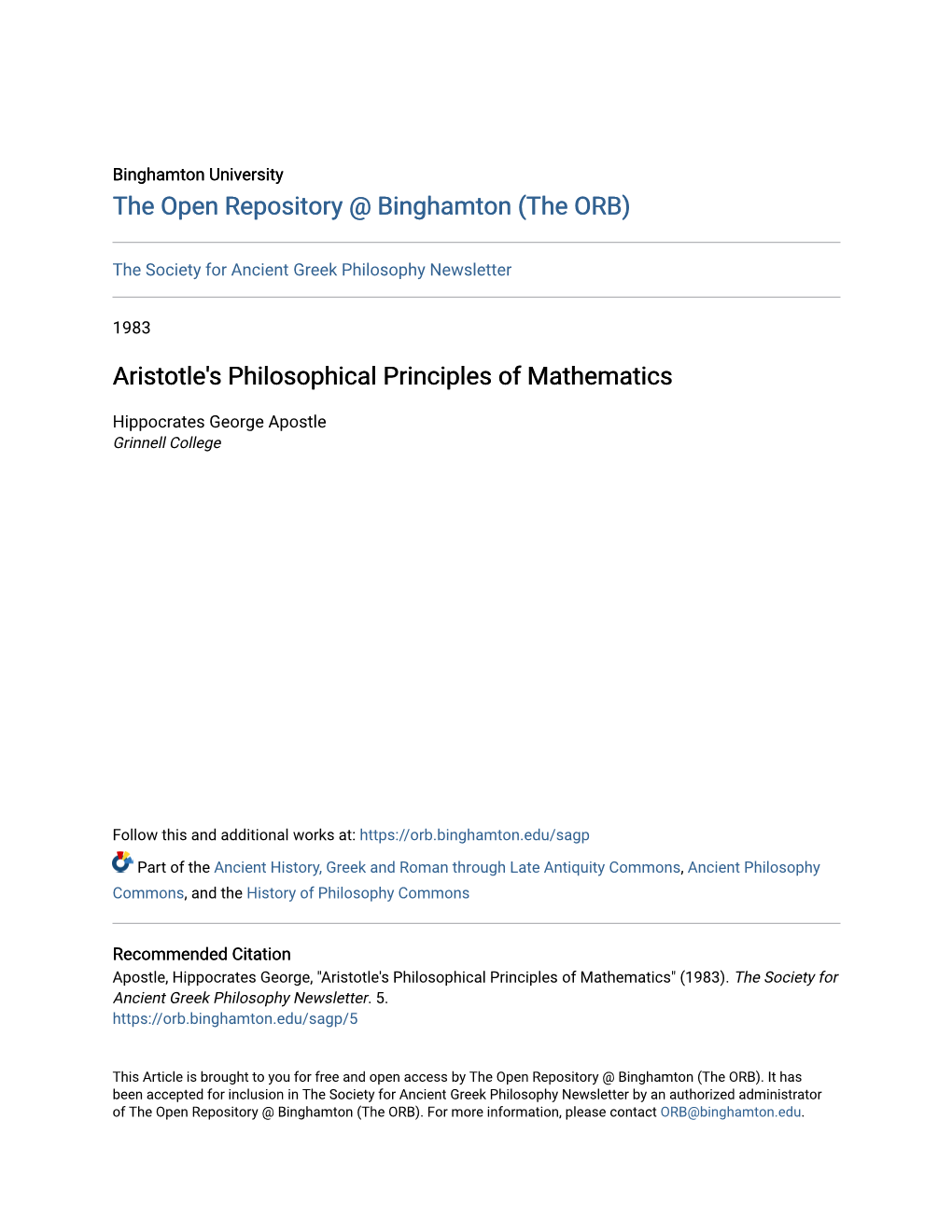 Aristotle's Philosophical Principles of Mathematics