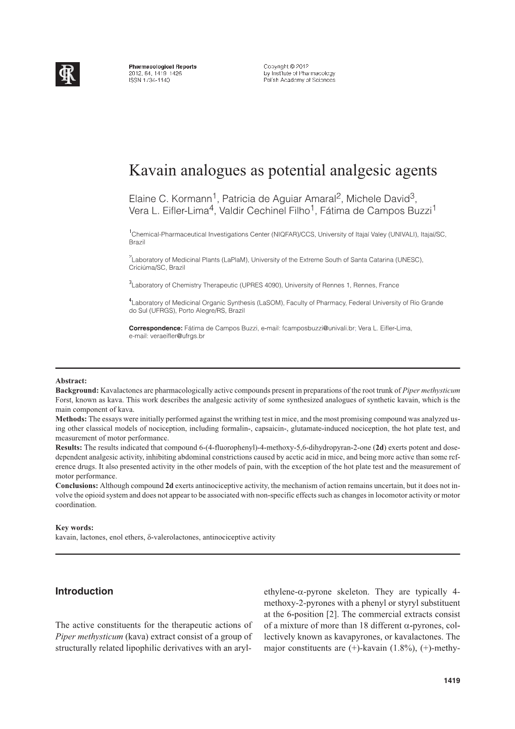 Kavain Analogues As Potential Analgesic Agents