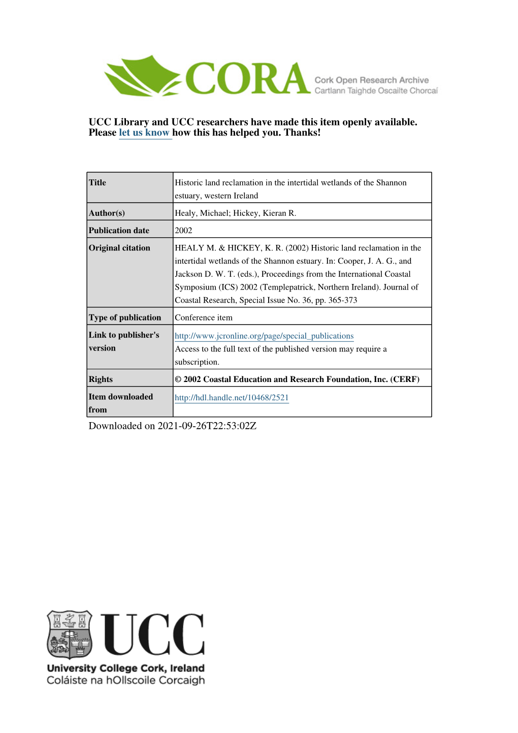 Historic Land Reclamation in the Intertidal Wetlands of the Shannon Estuary, Western Ireland