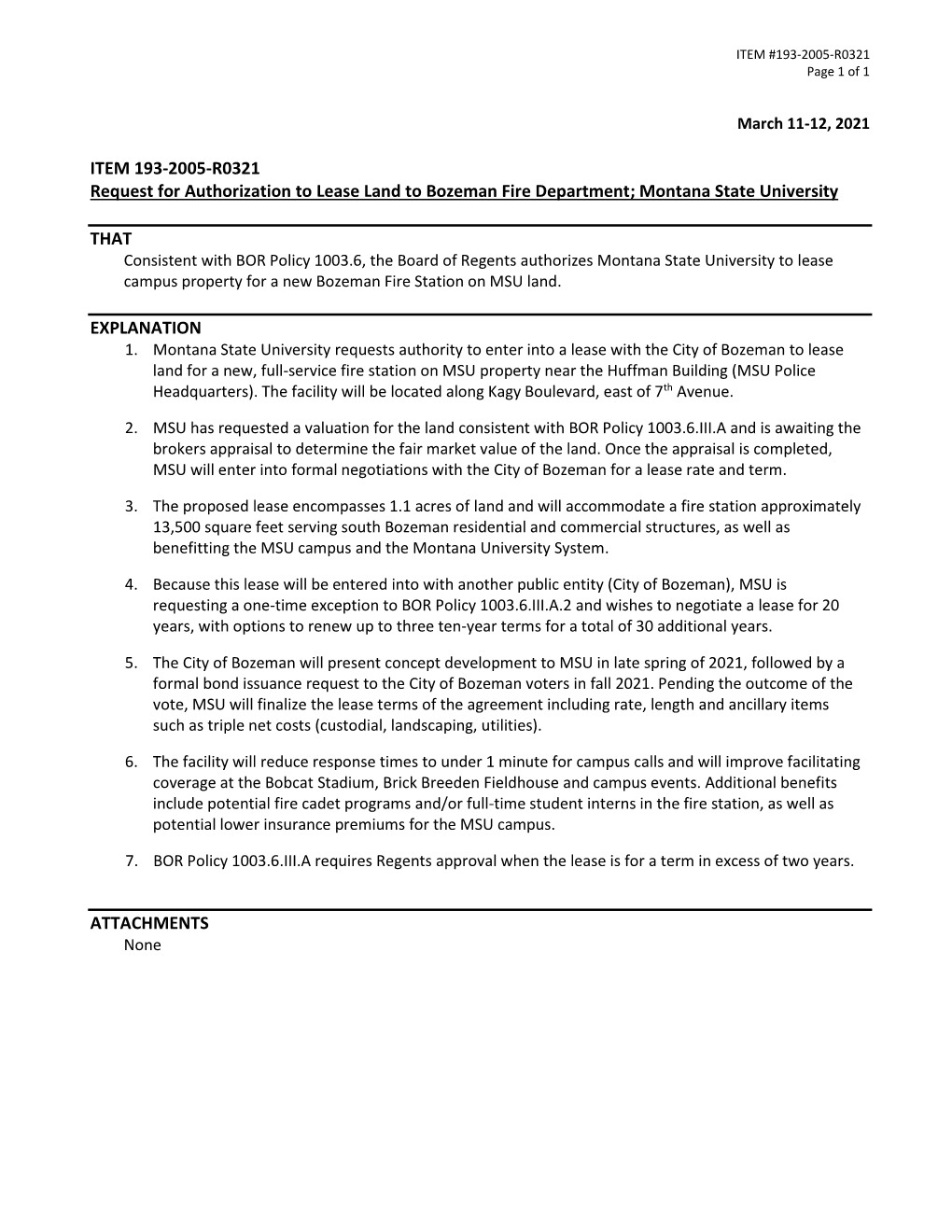 ITEM 193-2005-R0321 Request for Authorization to Lease Land to Bozeman Fire Department; Montana State University